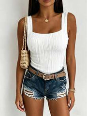 ChicMe Women's Square Neck Textured Sleeveless Tank Top, Slim Fit Casual Daily Versatile All-Match Shirt White Summer