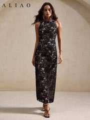 ALIAO Elegant Black Lace Fitted Dress, Nude Lining Sheer Floral Sleeveless Dress, Suitable For Party And Date Summer