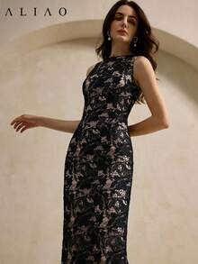 ALIAO Elegant Black Lace Fitted Dress, Nude Lining Sheer Floral Sleeveless Dress, Suitable For Party And Date Summer