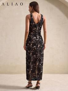 ALIAO Elegant Black Lace Fitted Dress, Nude Lining Sheer Floral Sleeveless Dress, Suitable For Party And Date Summer