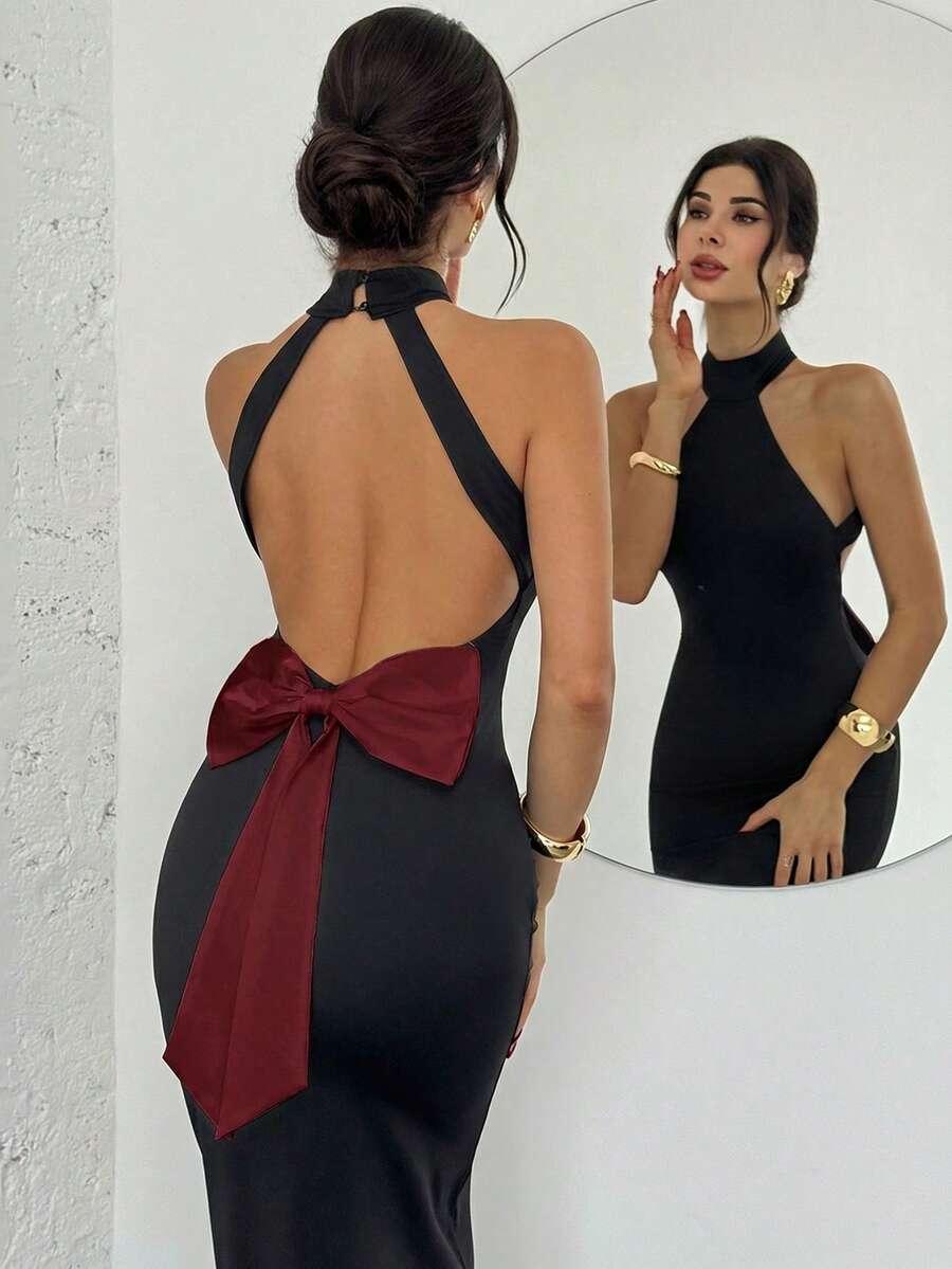 Ženska Elegantna Crno-Bela  Večernja Maxi Haljina
