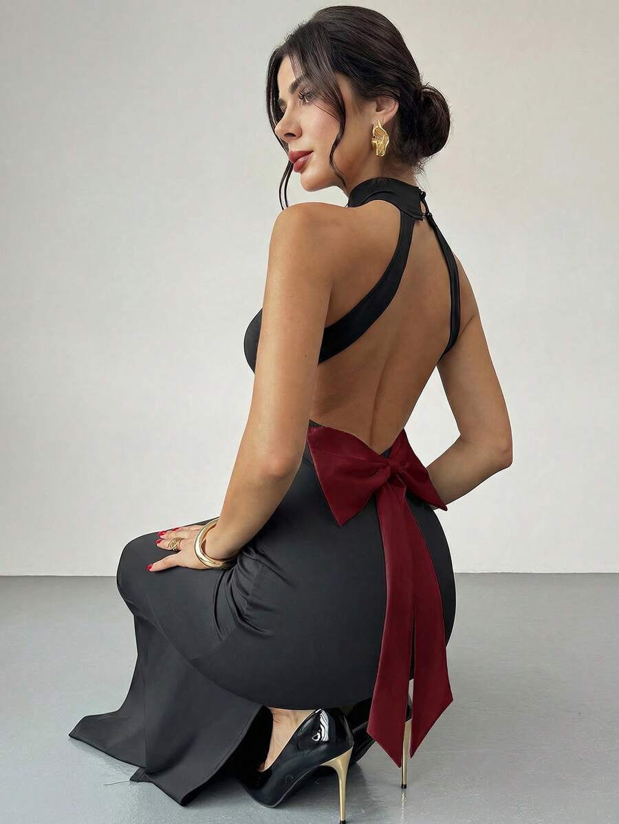 Ženska Elegantna Crno-Bela  Večernja Maxi Haljina