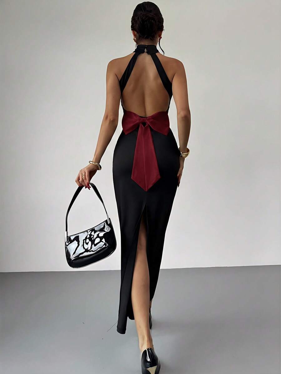 Ženska Elegantna Crno-Bela  Večernja Maxi Haljina