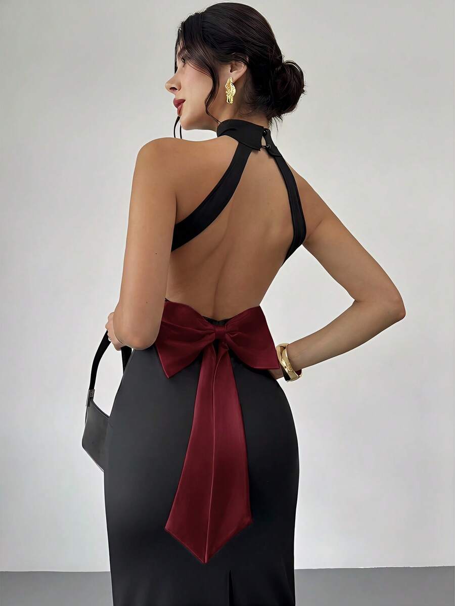 Ženska Elegantna Crno-Bela  Večernja Maxi Haljina