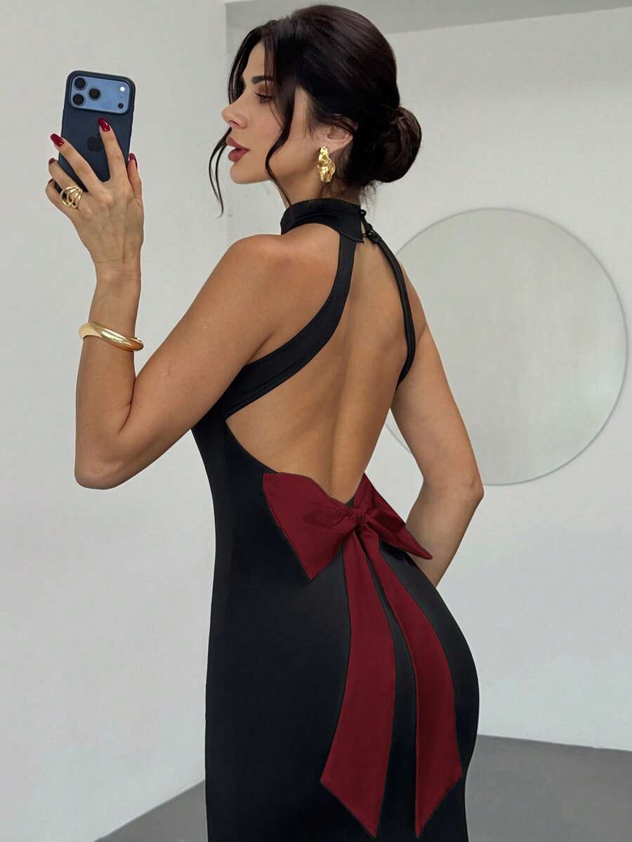 Ženska Elegantna Crno-Bela  Večernja Maxi Haljina