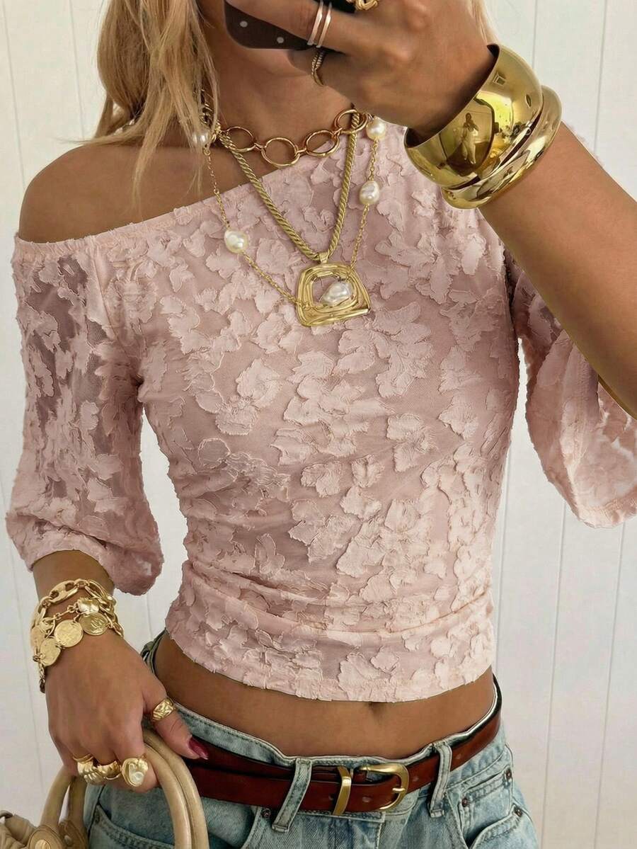 SHEIN EZwear Chic Dusty Pink Summmer Jacquard Knit Fabric Bare Shoulder Knit Top