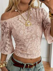SHEIN EZwear Chic Dusty Pink Summmer Jacquard Knit Fabric Bare Shoulder Knit Top