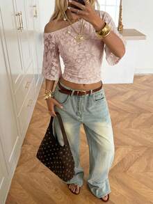 SHEIN EZwear Chic Dusty Pink Summmer Jacquard Knit Fabric Bare Shoulder Knit Top