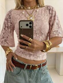 SHEIN EZwear Chic Dusty Pink Summmer Jacquard Knit Fabric Bare Shoulder Knit Top