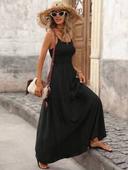 Brillora Spring/Summer Casual Vacation A-Line Waist Cinched Textured Fabric Spaghetti Strap Dress