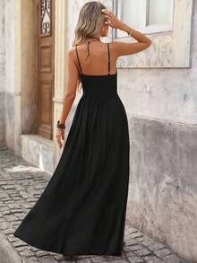 Brillora Spring/Summer Casual Vacation A-Line Waist Cinched Textured Fabric Spaghetti Strap Dress