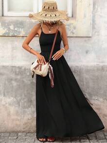 Brillora Spring/Summer Casual Vacation A-Line Waist Cinched Textured Fabric Spaghetti Strap Dress