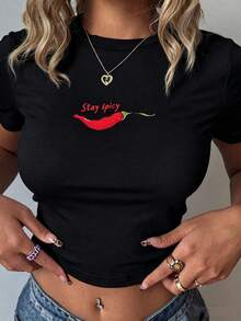 Y2K Style Cropped Top Summer Set, "Stay Spicy" Graphic T-Shirt For Women, Summer Holiday Beach Casual Black