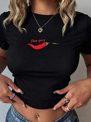 Y2K Style Cropped Top Summer Set, "Stay Spicy" Graphic T-Shirt For Women, Summer Holiday Beach Casual Black
