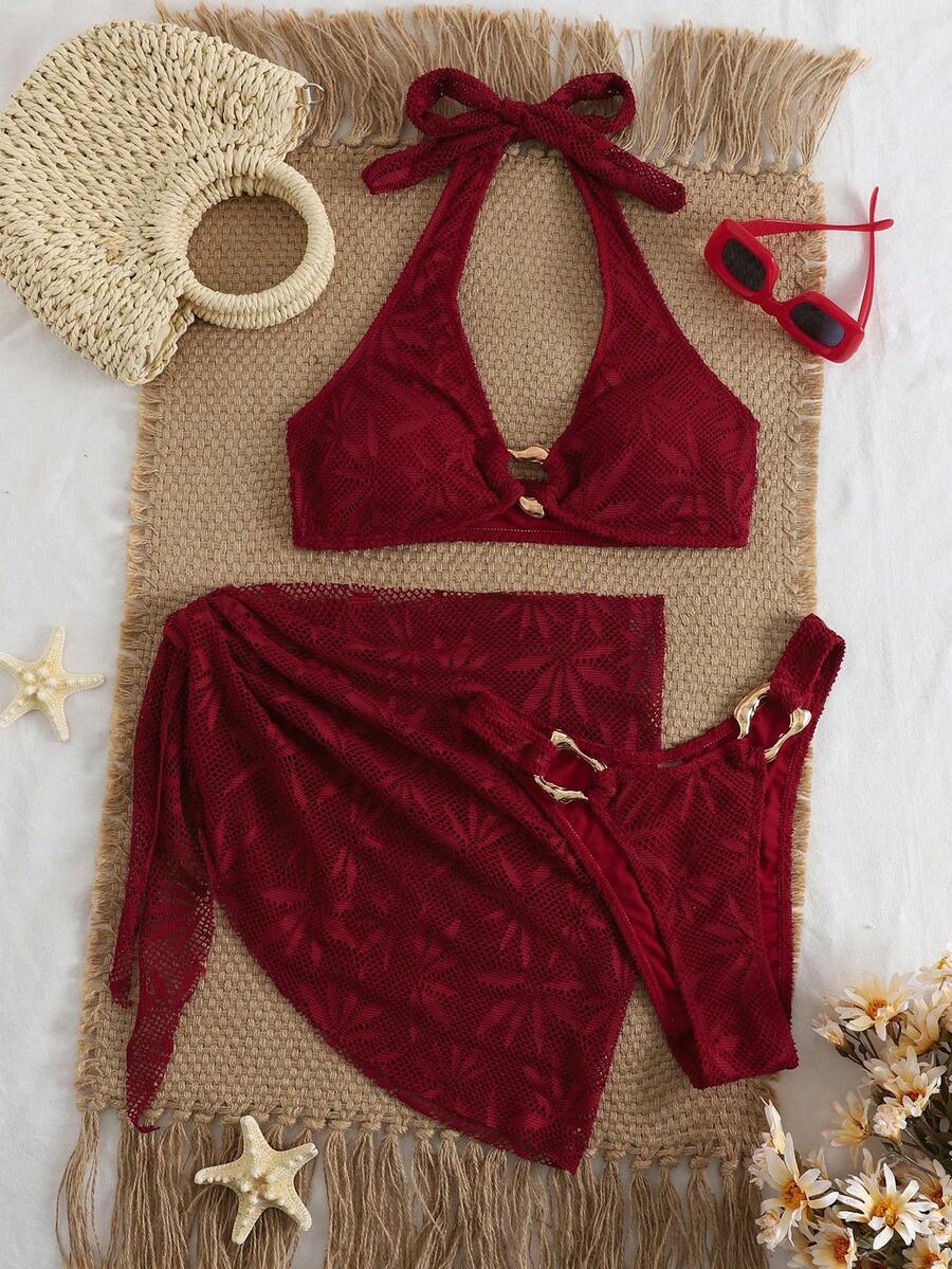 Ženski Krojeni Bikini 3u 1 Set Ukrašen Zlatnim Prstenovima