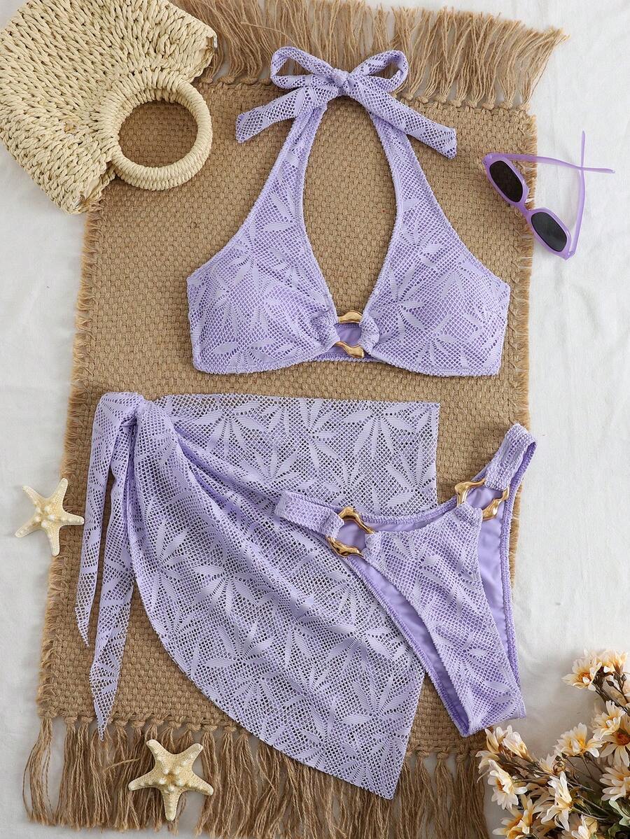 Ženski Krojeni Bikini 3u 1 Set Ukrašen Zlatnim Prstenovima