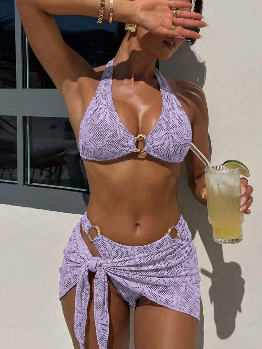 Ženski Krojeni Bikini 3u 1 Set Ukrašen Zlatnim Prstenovima