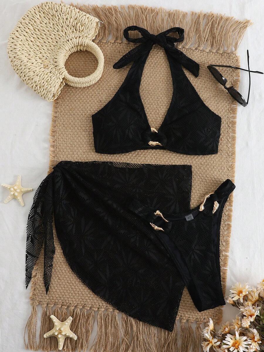 Ženski Krojeni Bikini 3u 1 Set Ukrašen Zlatnim Prstenovima