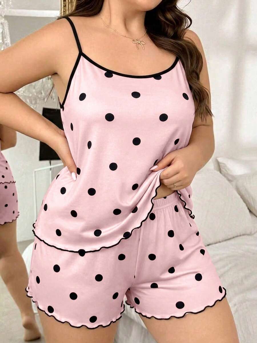 Set za spavanje sa topom na bretele i šorts sa crtanim printom mačke, plus size