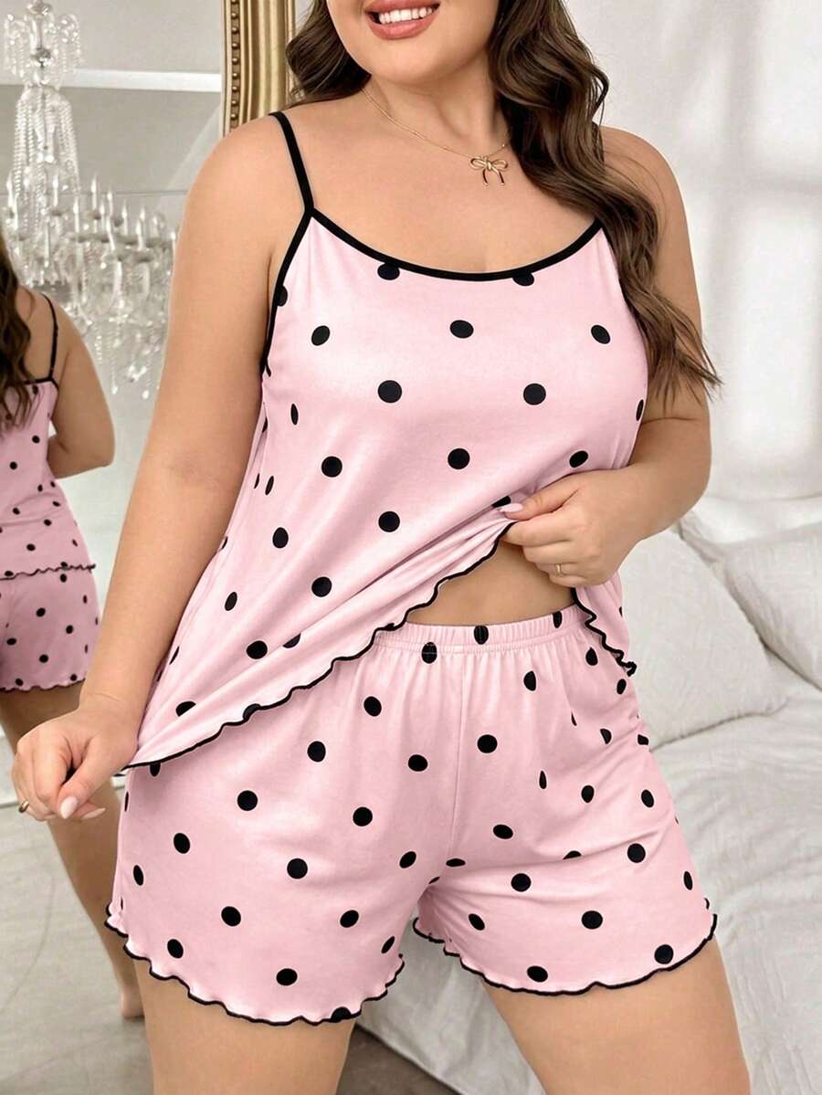 Set za spavanje sa topom na bretele i šorts sa crtanim printom mačke, plus size
