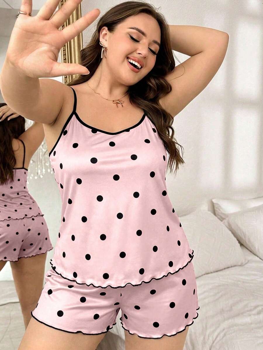 Set za spavanje sa topom na bretele i šorts sa crtanim printom mačke, plus size