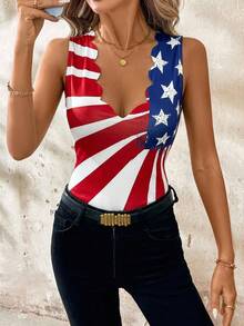 SHEIN Clasi Women's Independence Day American Flag Print V-Neck Camisole