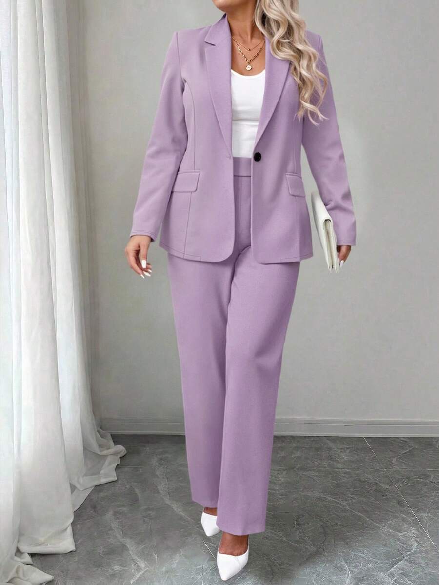 Ženski komplet sako i pantalone u jednobojnoj boji, plus size
