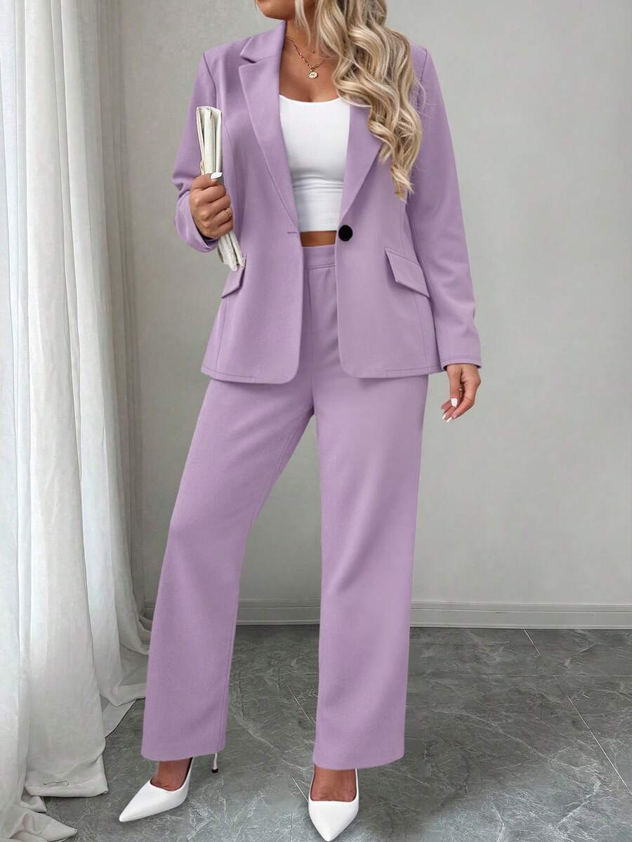 Ženski komplet sako i pantalone u jednobojnoj boji, plus size