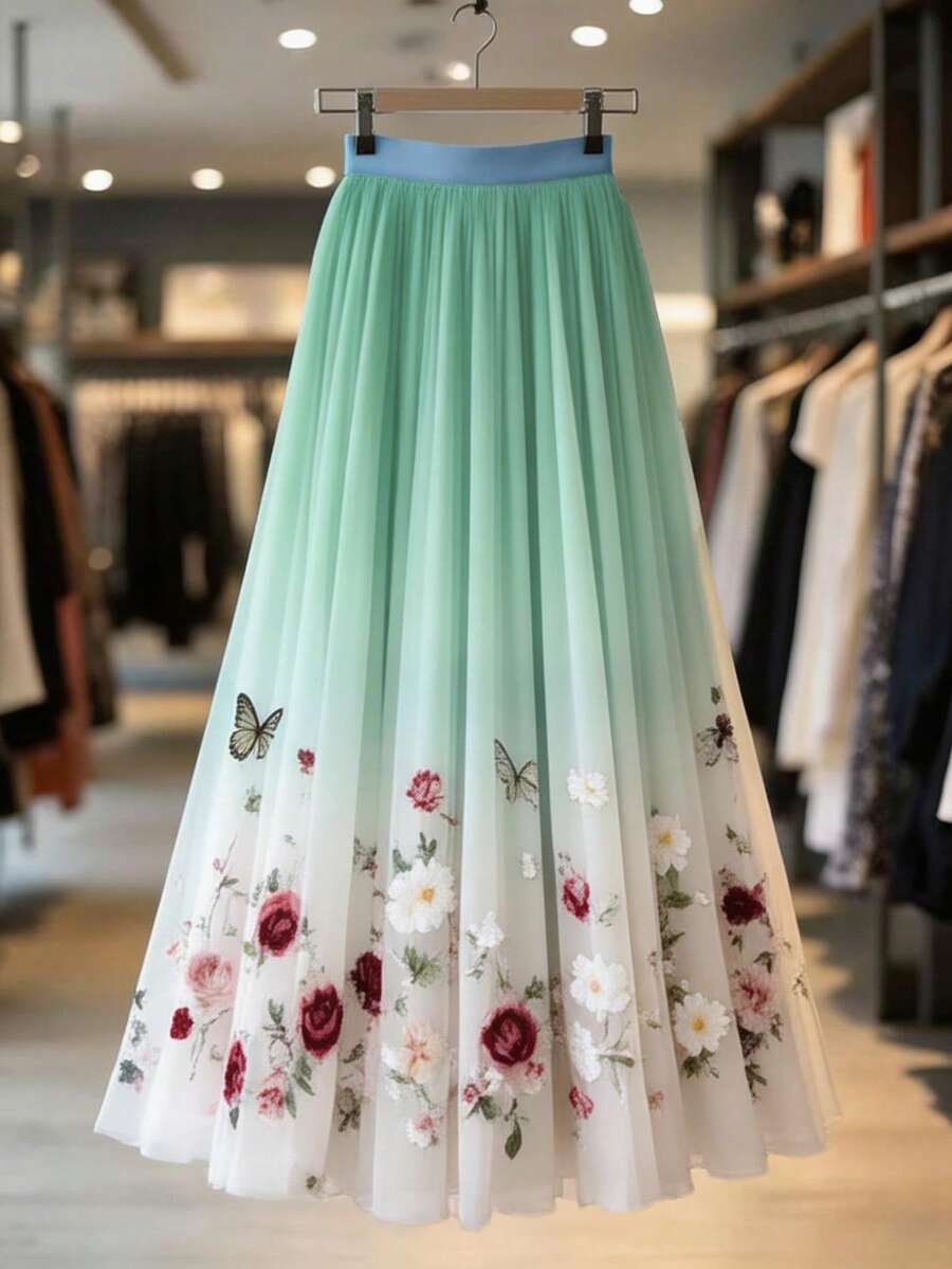 Meka suknja od tila u A-kroju, duga, sa vintage printom ruža i leptira