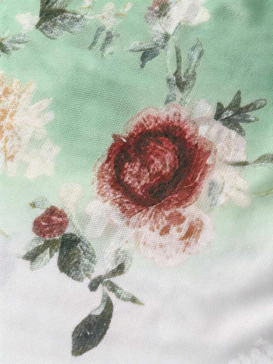 Meka suknja od tila u A-kroju, duga, sa vintage printom ruža i leptira
