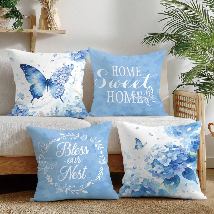 4 kom jednostavnih svakodnevnih plavih navlaka za ukrasne jastuke sa leptirima i cvećem "Sweet Home"