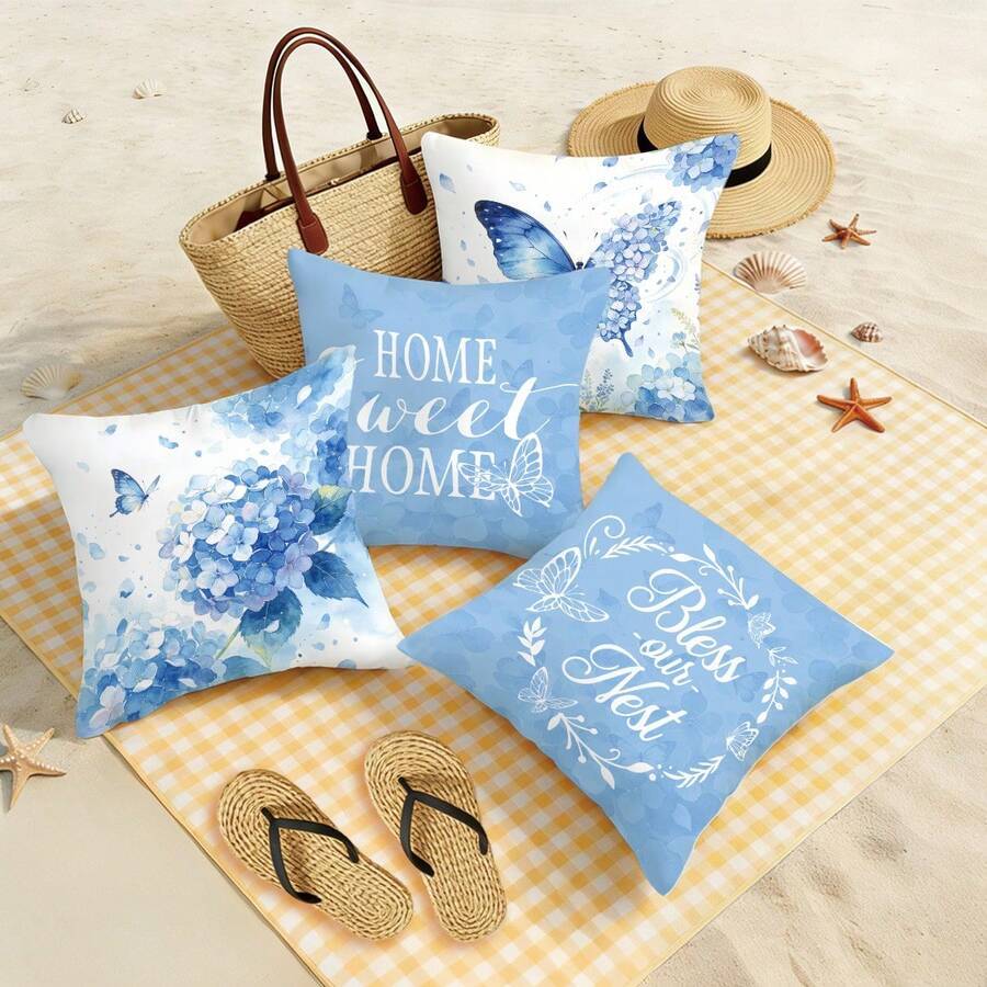 4 kom jednostavnih svakodnevnih plavih navlaka za ukrasne jastuke sa leptirima i cvećem "Sweet Home"
