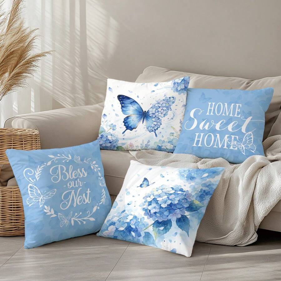 4 kom jednostavnih svakodnevnih plavih navlaka za ukrasne jastuke sa leptirima i cvećem "Sweet Home"