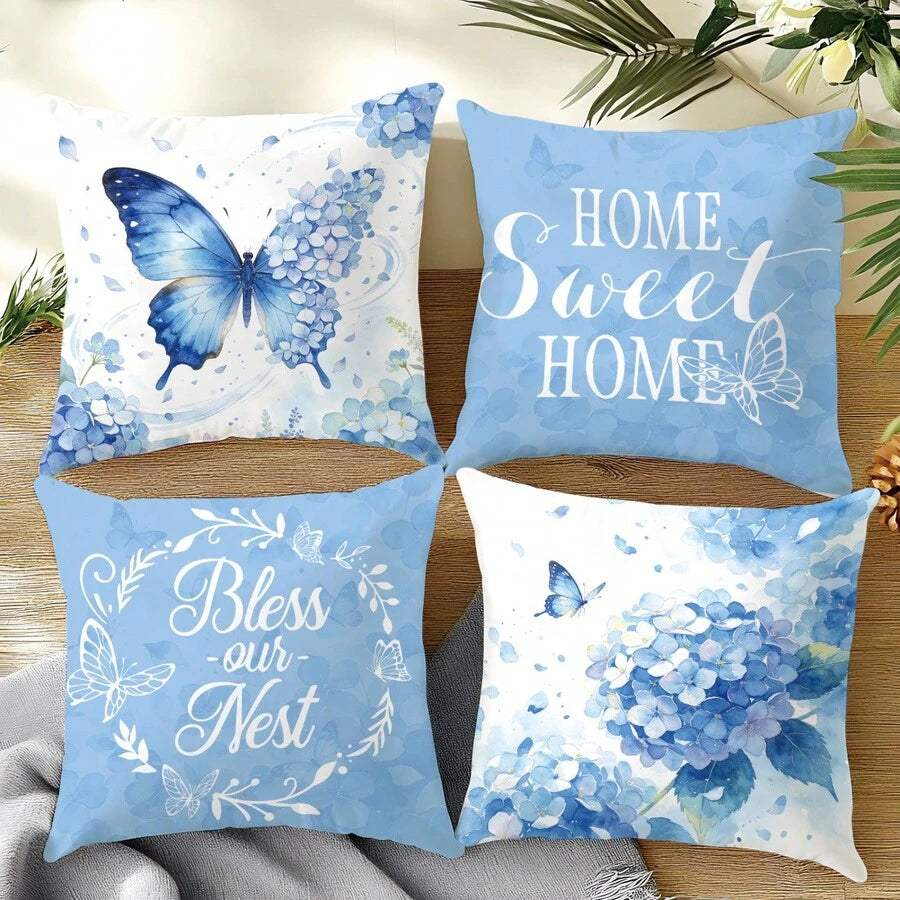 4 kom jednostavnih svakodnevnih plavih navlaka za ukrasne jastuke sa leptirima i cvećem "Sweet Home"