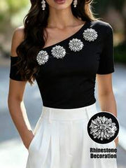 Balvessa Elegant Women's T-Shirt With White Asymmetric Neckline And Rhinestone Decor
