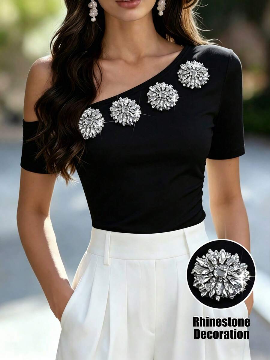 Balvessa Elegant Women's T-Shirt With White Asymmetric Neckline And Rhinestone Decor