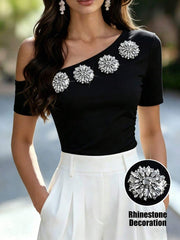 Balvessa Elegant Women's T-Shirt With White Asymmetric Neckline And Rhinestone Decor