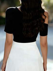 Balvessa Elegant Women's T-Shirt With White Asymmetric Neckline And Rhinestone Decor