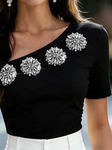 Balvessa Elegant Women's T-Shirt With White Asymmetric Neckline And Rhinestone Decor