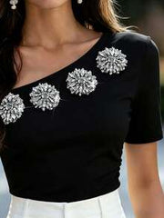 Balvessa Elegant Women's T-Shirt With White Asymmetric Neckline And Rhinestone Decor