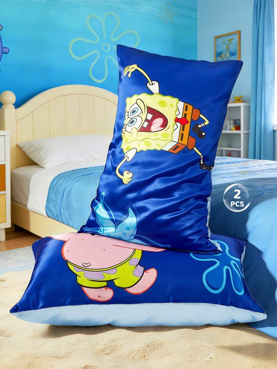 SpongeBob SquarePants 2 komada satenske jastučnice sa crtanim motivom, od mekog satenskog materijala, nežne za kosu, prozračne