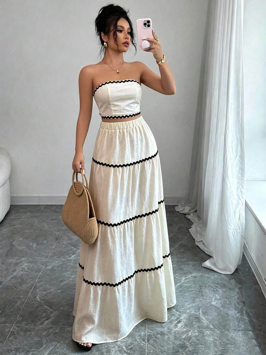 2kom/Set Ženski Elegantan Skraćeni Bandeau Top i Suknja