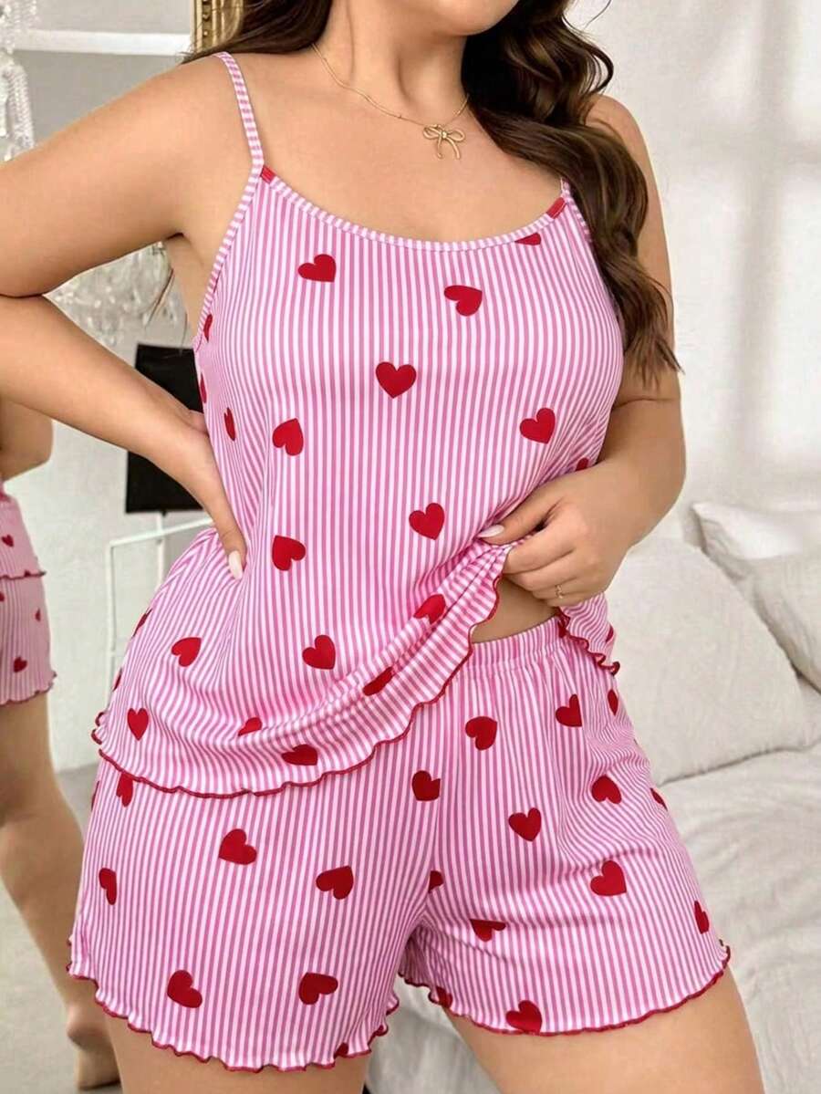 Set za spavanje sa topom na bretele i šorts sa crtanim printom mačke, plus size