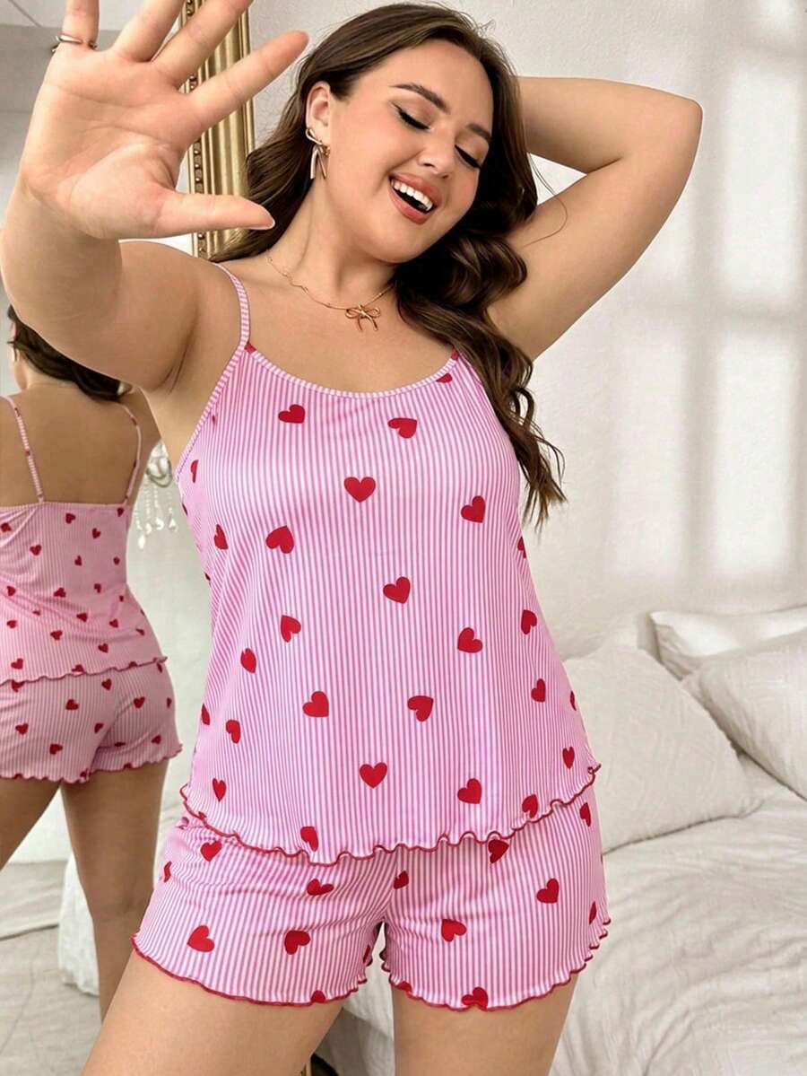 Set za spavanje sa topom na bretele i šorts sa crtanim printom mačke, plus size