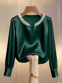 Women's Notched Collar Pearl Decor Long Sleeve Polyester Regular Fit Blouse