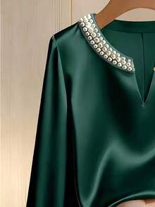 Women's Notched Collar Pearl Decor Long Sleeve Polyester Regular Fit Blouse