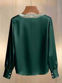 Women's Notched Collar Pearl Decor Long Sleeve Polyester Regular Fit Blouse
