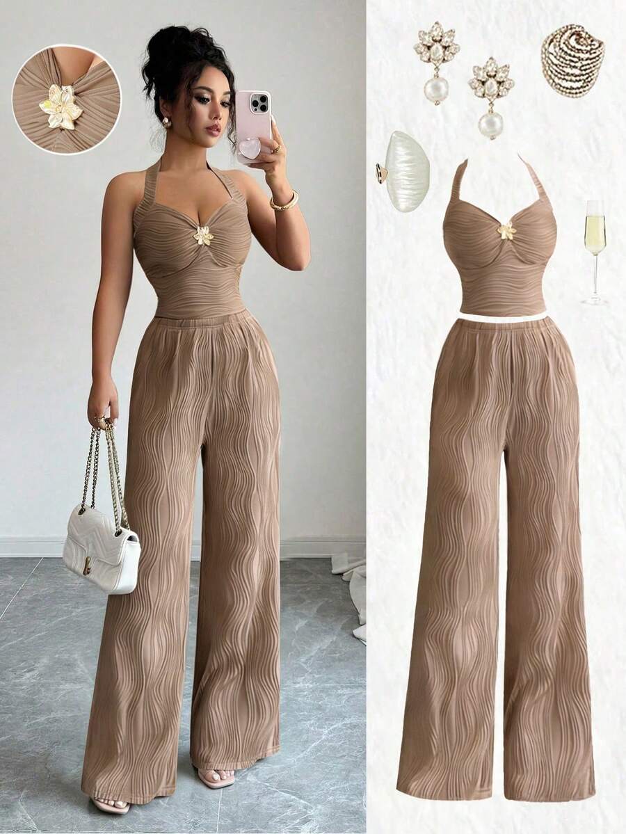 Ženski set  Metalni Cvietni Dekor Crop Top  + pantalone