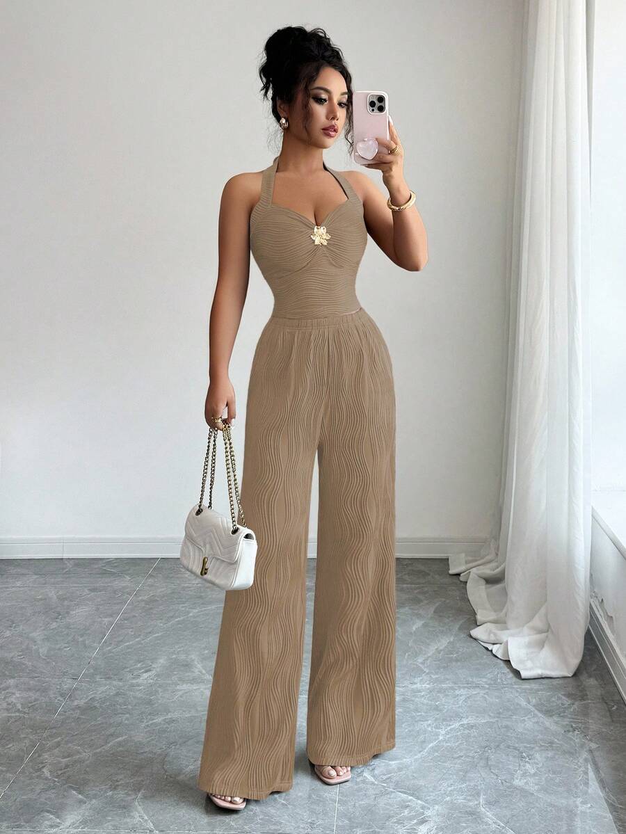 Ženski set  Metalni Cvietni Dekor Crop Top  + pantalone