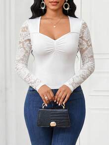 SHEIN Lady Women's Elegant Solid Color Lace Patchwork T-Shirt